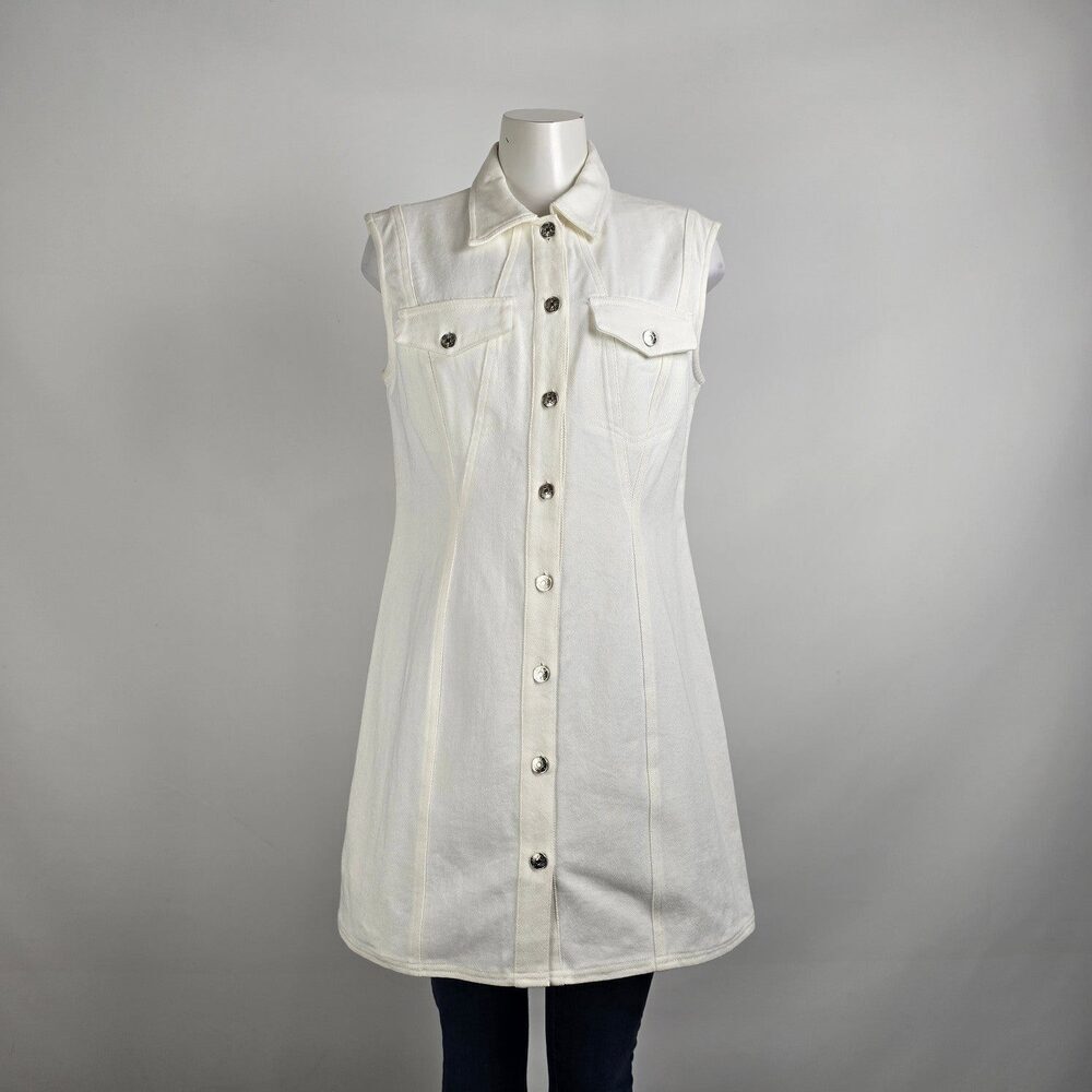 Bluivy White Cotton Denim Long Button Up Vest Dress Size L